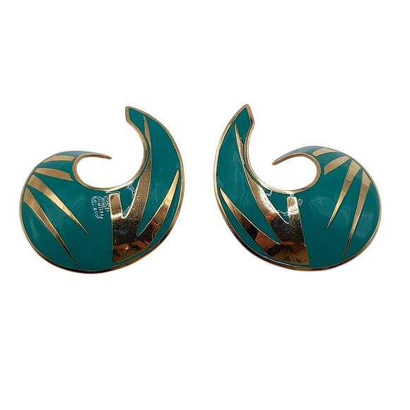 Vintage L. Bott Enamel Earrings, Clip On, Gold Tone, 1980s - Picture 7 of 11